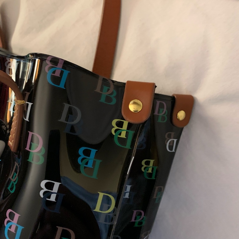 Dooney & Bourke black vinyl medium shopper tote with multi color DB logo print - Picture 6 of 7